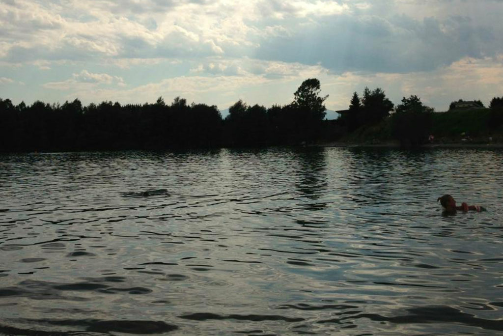 Eine Person schwimmt in einem ruhigen See unter einem bewölkten Himmel. Das entfernte Ufer ist von Bäumen gesäumt und das Sonnenlicht spiegelt sich auf der Wasseroberfläche.