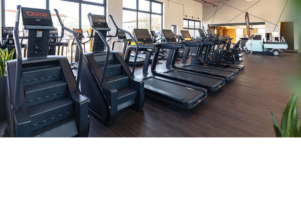 Ein heller Fitnessraum mit mehreren Laufbändern und zwei Steppern vor großen Fenstern. Die Geräte stehen auf einem dunklen Holzboden. Im Hintergrund sind eine Theke und einige Topfpflanzen zu sehen.