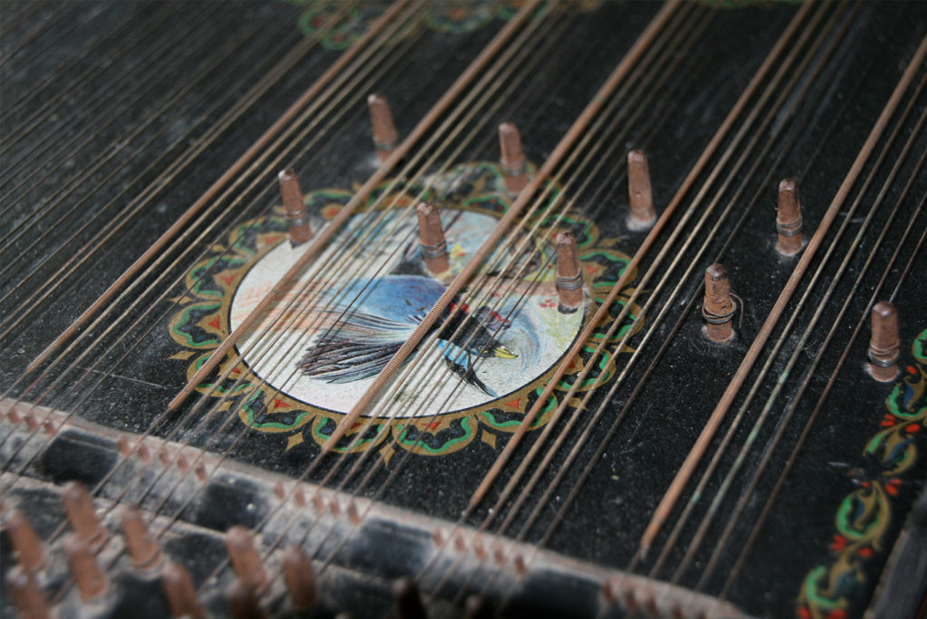 Nahaufnahme eines Saiteninstruments mit einer dekorativen kreisförmigen Einlage mit einem Blauvogelbild. Die Saiten sind über Holzstifte gespannt und um die Einlage herum sind kunstvolle Muster sichtbar. Die Oberfläche ist leicht mit Staub bedeckt.