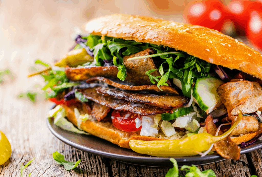 Nahaufnahme eines Sandwichs mit gegrilltem Fleisch, frischem Salat, Tomaten, Gurken, Zwiebeln und in Scheiben geschnittener Paprika, serviert auf einem Teller mit einem knusprigen Brötchen. Frisches Gemüse ist im Hintergrund unscharf zu erkennen.