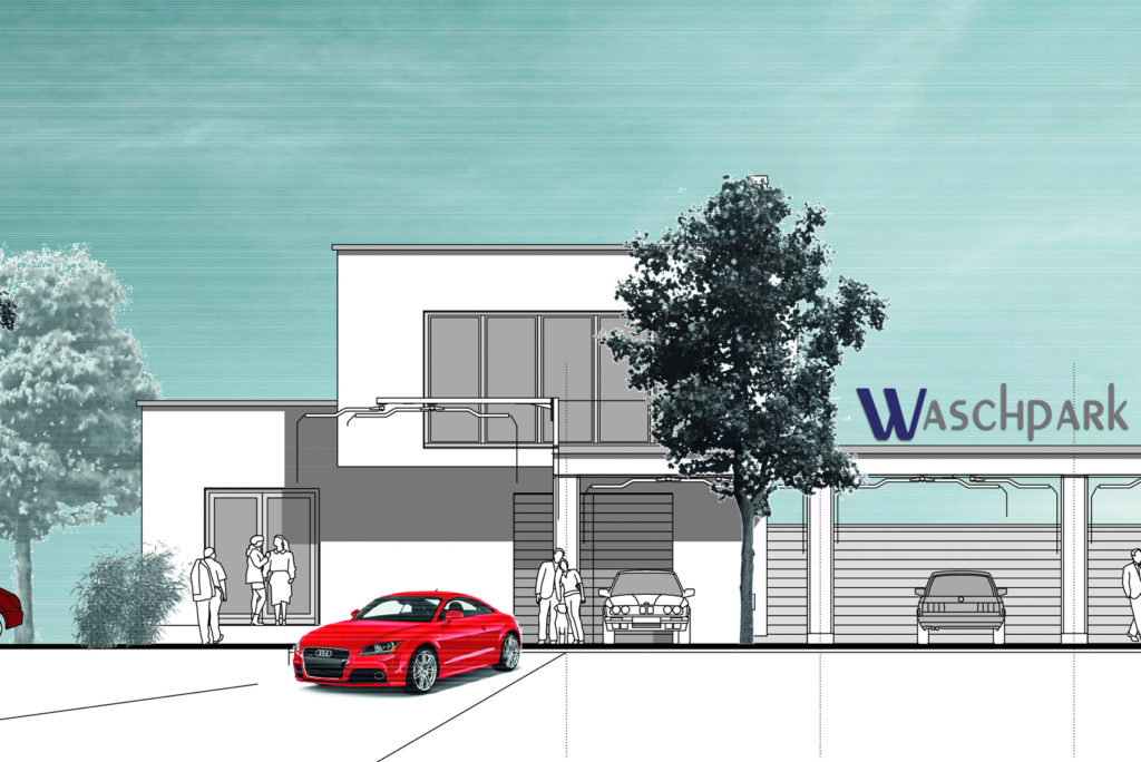 Illustration eines Gebäudes, das als Autowaschanlage konzipiert ist und den Namen „Waschpark“ trägt. Mehrere Menschen stehen herum, davor parkt ein rotes Auto, zwei weitere stehen in Waschbuchten. Bäume sorgen für Grün in der Szene.