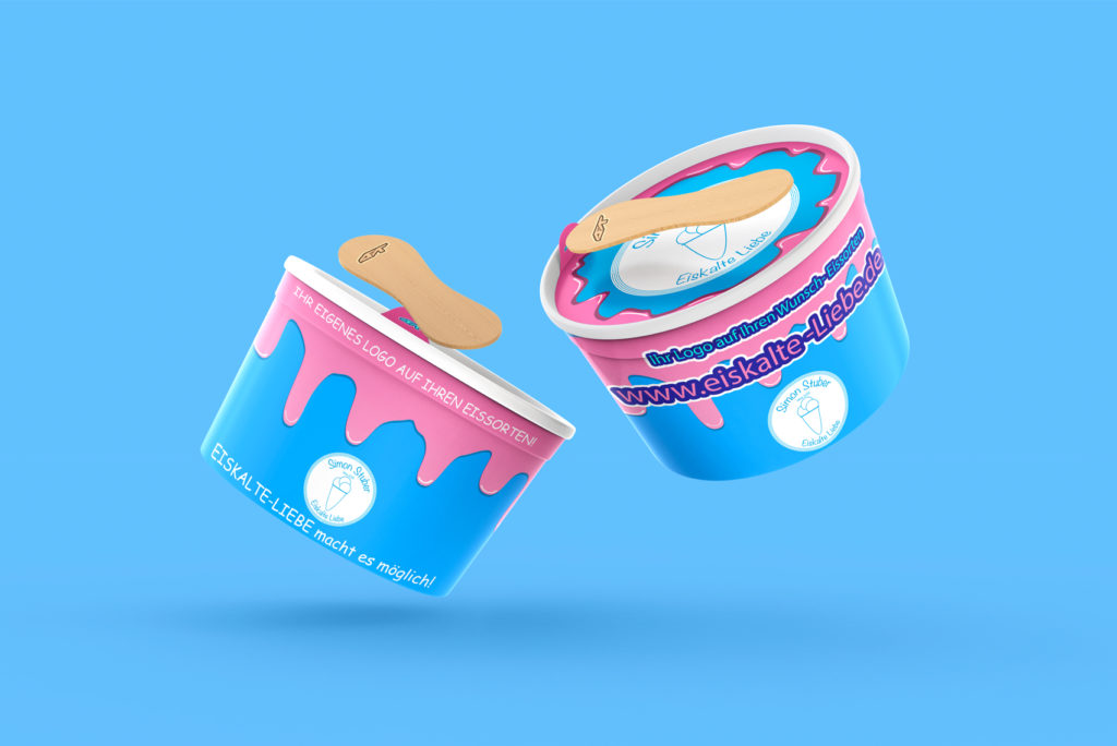Zwei blaue und rosa Eisbecher mit Holzlöffeln schwimmen vor einem blauen Hintergrund. Die Becher sind mit einem schmelzenden Design und einem deutschen Text versehen und zeigen ein skurriles Eiscreme-Motiv.