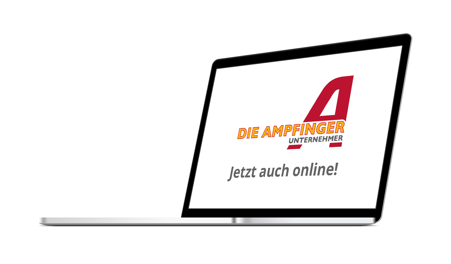 Ein Laptop, auf dem eine Website mit dem Text „DIE AMPFINGER UNTERNEHMER“ und „Jetzt auch online!“ angezeigt wird, was die Spannung der digitalen Präsenz unterstreicht. Der Hintergrund ist weiß und bietet eine leere Leinwand, auf der Sie mehr über die Möglichkeiten von Ampfinger-Gutscheinen erfahren können.