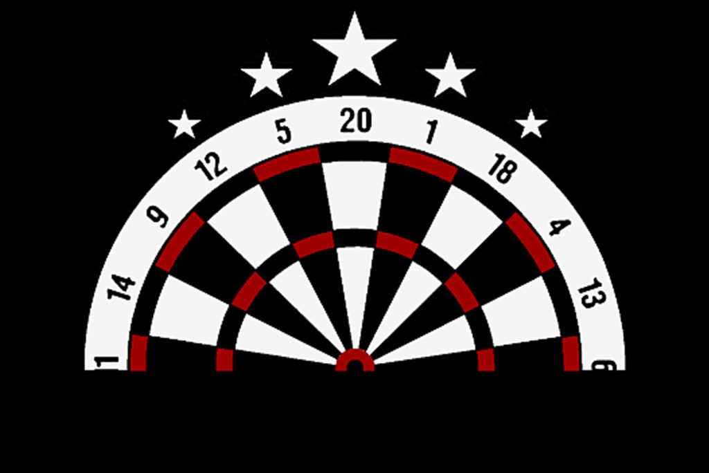 Dargestellt ist die Hälfte eines Dartboard-Designs. Es besteht aus abwechselnd schwarzen und weißen Abschnitten mit roten und weißen Rändern. Darüber wölben sich fünf weiße Sterne, die sich vor einem schwarzen Hintergrund befinden.