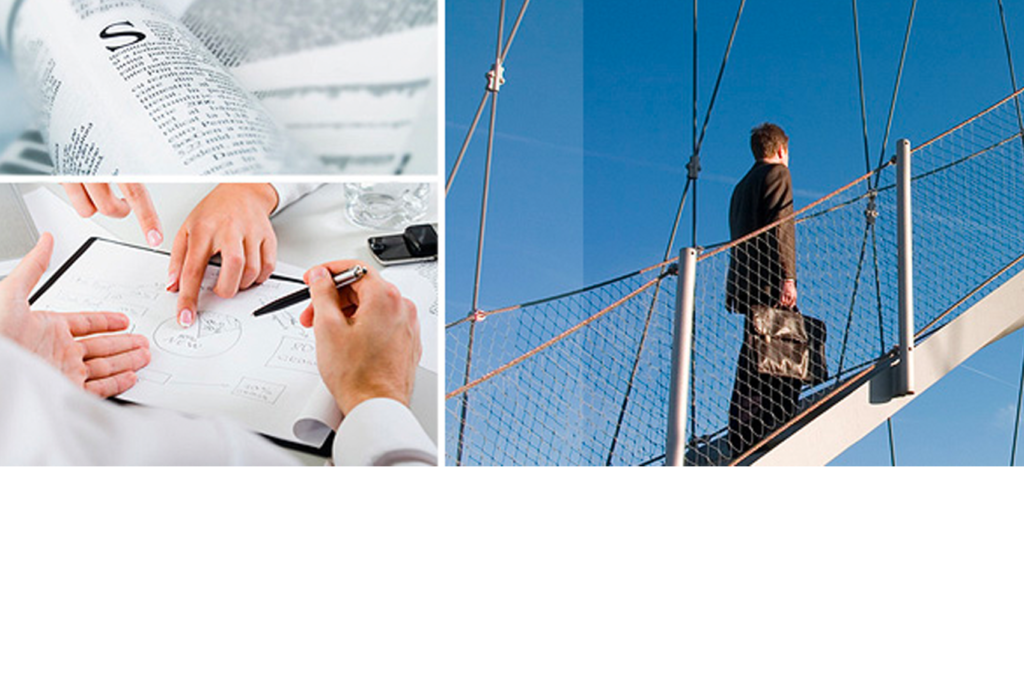 Collage: Oben links ist eine vergrößerte Zeitung zu sehen. Unten links sind zwei Personen zu sehen, die mit Stiften und Papier Diagramme besprechen. Rechts ist eine Person im Anzug mit einer Aktentasche zu sehen, die vor einem blauen Himmel eine Außentreppe hinaufgeht.