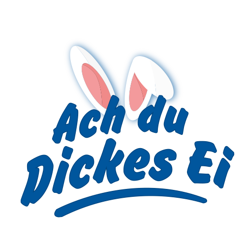 Der Text lautet „Ach du Dickes Ei“ in verspielter blauer Schrift, geschmückt mit weißen Hasenohren im Cartoon-Stil mit rosa Innenseiten. Dieses charmante Design ist perfekt für einen Ampfinger-Gutschein und verleiht Ihrem besonderen Geschenk eine entzückende Note.