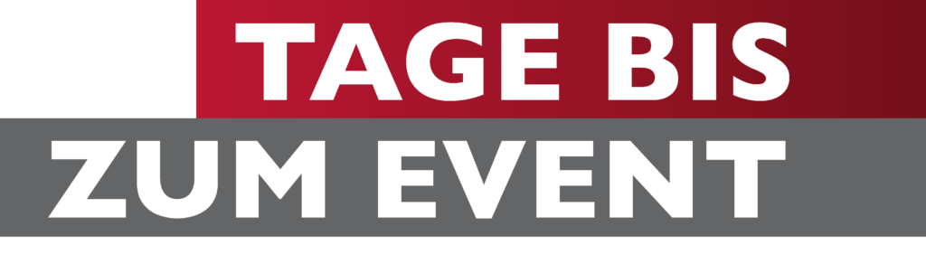 Banner mit rotem und grauem Hintergrund und weißem Text mit der Aufschrift „TAGE BIS ZUM EVENT“ und einem speziellen Ampfinger-Gutschein-Angebot.