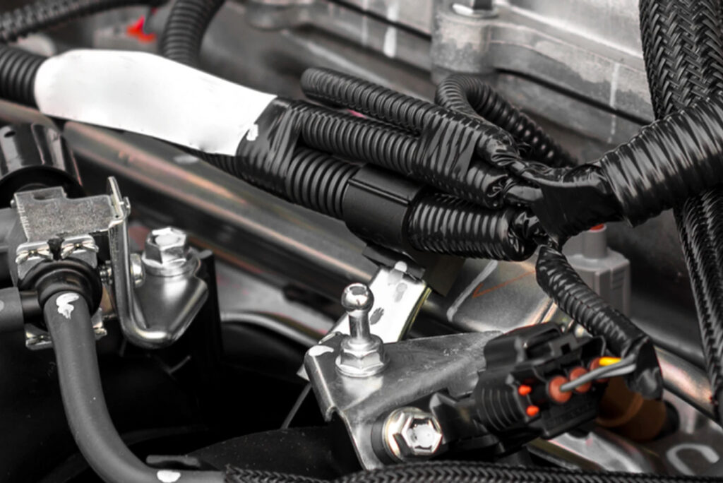 Nahaufnahme von Automotorkomponenten mit verschiedenen Kabeln, die in schwarzes Schutzmaterial eingewickelt sind. Das Bild zeigt Anschlüsse, Schrauben und Kabel und verdeutlicht die Komplexität des Verkabelungssystems des Motors.