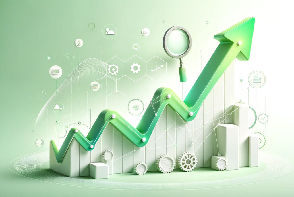 Ein grüner 3D-Pfeil in einer Aufwärtstrendlinie über Balkendiagrammen symbolisiert Wachstum. Um ihn herum sind Symbole von Geld, Zahnrädern und einer Lupe vor einem hellgrünen Hintergrund mit sechseckigen Mustern angeordnet.