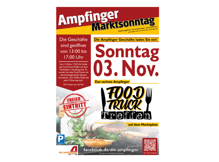 Verpassen Sie nicht das sechste Ampfinger Food Truck Treffen! Besuchen Sie uns am Sonntag, 3. November, von 13:00 bis 17:00 Uhr bei freiem Eintritt auf dem Marktplatz. Entdecken Sie kulinarische Köstlichkeiten und sichern Sie sich ein exklusives Ampfinger-Gutschein-Angebot. Informationen zu Parkplätzen und Öffnungszeiten der örtlichen Geschäfte finden Sie in den sozialen Medien.