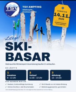 Flyer zum Skibasar des TSV Ampfing am 14. November 2026 in der Schweppermannhalle mit Informationen zum Ablauf der Abgabe, des Verkaufs und der Abholung von gebrauchter Wintersportausrüstung.