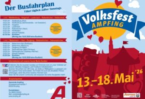 Busfahrplan und Flyer für das "Volksfest Ampfing" vom 13. bis 18. Mai 2026 mit Busrouten und -zeiten, Informationen zu sozialen Medien, Kontaktdaten und einer rot-blauen Festgrafik mit einer Kirchensilhouette und Herzen.