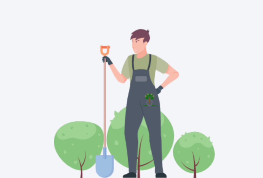 Abbildung einer Person in Overall und Handschuhen, die eine Schaufel hält, zwischen kleinen grünen Büschen und Bäumen steht und zur Seite schaut.