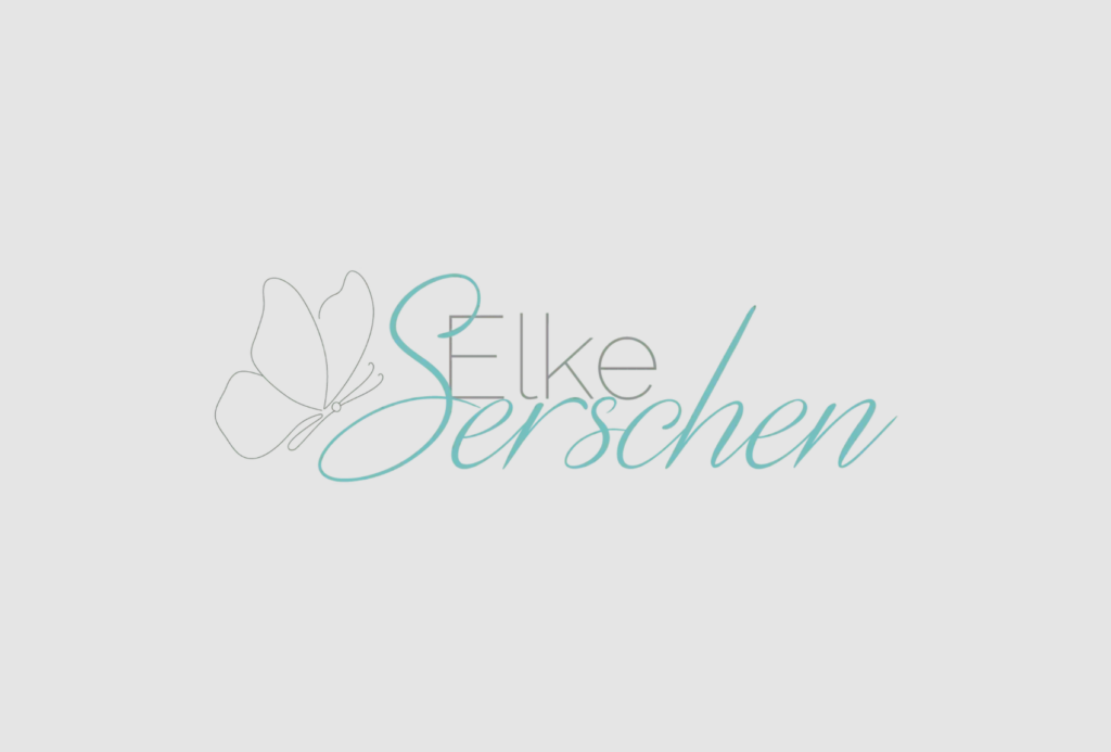 Logo mit einem minimalistischen Schmetterlingsumriss auf der linken Seite und dem Namen "Elke Serschen" in eleganter Schrift, mit "Elke" in Grau und "Serschen" in Hellgrün auf weißem Hintergrund.