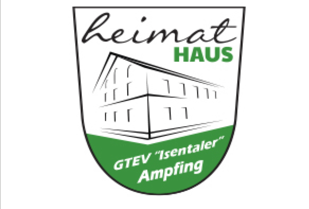 Ein schildförmiges Logo mit einem skizzierten Gebäude, dem Schriftzug "heimat HAUS" oben und "GTEV 'Isentaler' Ampfing" auf grünem Grund unten.