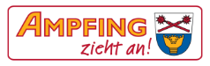Logo mit dem Wort "Ampfing" in großen gelben und roten Buchstaben, darunter "zieht an!" in roter Schrift und rechts davon ein Wappen mit zwei gekreuzten Streitkolben über einem goldenen Muster auf blauem Grund.