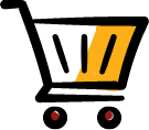 Ein einfaches, stilisiertes Einkaufswagen-Symbol mit schwarzen Linien, einem orangefarbenen Akzent auf dem Korb und zwei roten Rädern auf einem hellen Hintergrund.
