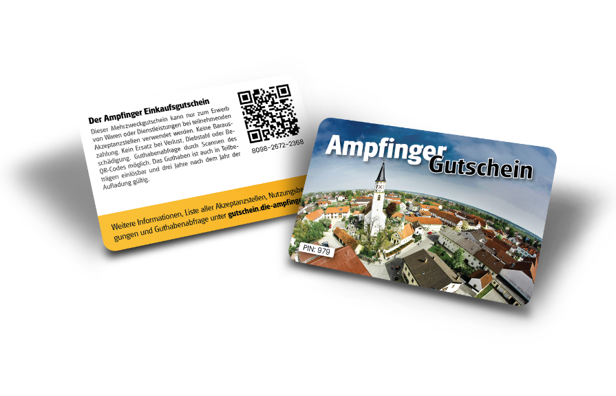 Vorder- und Rückseite einer Karte mit der Aufschrift "Ampfinger Gutschein", die eine Luftaufnahme einer Stadt zeigt. Die Rückseite enthält einen deutschen Text, einen QR-Code, einen Barcode und Informationen über die Verwendung der Gutscheinkarte.