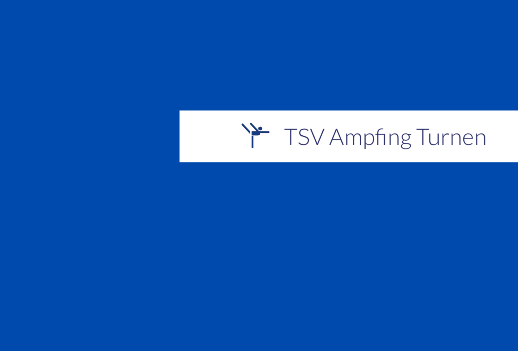 Ein blauer Hintergrund mit einem weißen Rechteck, das ein Turner-Symbol und den Text "TSV Ampfing Turnen" in Grau enthält.