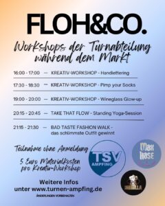 Veranstaltungsplakat für "FLOH&CO." mit Workshops der Gymnastikabteilung während des Marktes, mit Angaben zu Zeiten und Aktivitäten wie Handlettering, Sockendesign und Yoga. Enthält Logos und Details zur Teilnahme.