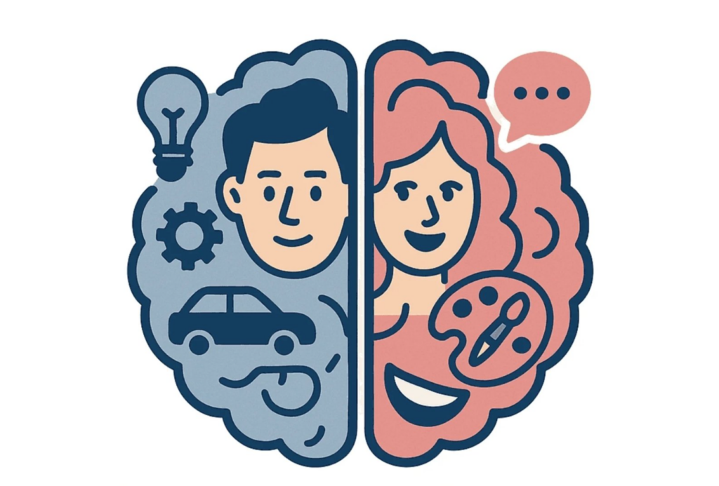 Eine Illustration eines in zwei Hälften geteilten Gehirns: Auf der linken Seite ist das Gesicht eines Mannes mit den Symbolen einer Glühbirne, eines Zahnrads und eines Autos zu sehen, während auf der rechten Seite das Gesicht einer Frau mit den Symbolen einer Farbpalette, eines Lächelns und einer Sprechblase abgebildet ist.