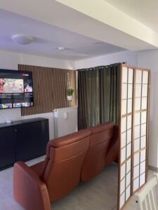 Ein gemütliches Wohnzimmer mit zwei braunen Liegesesseln, die auf einen an der Wand montierten Fernseher ausgerichtet sind, einem schwarzen Schrank darunter, einer Akzentwand aus Holzlatten, einer hängenden Pflanze, dunklen Vorhängen und einem klappbaren Raumteiler.