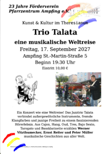 Veranstaltungsplakat für ein Konzert des Trio Talata am 17. September 2027 in Ampfing mit einer musikalischen Darbietung und Beschreibungen der Instrumente.