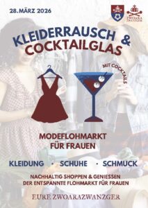 Plakat für einen Frauenmodeflohmarkt mit dem Titel "Kleiderrrausch & Cocktailglas" am 28. März 2026, mit einem Symbol für ein schwarzes Kleid, einem Cocktailglas und einem Text über das Einkaufen von Kleidung, Schuhen und Schmuck.