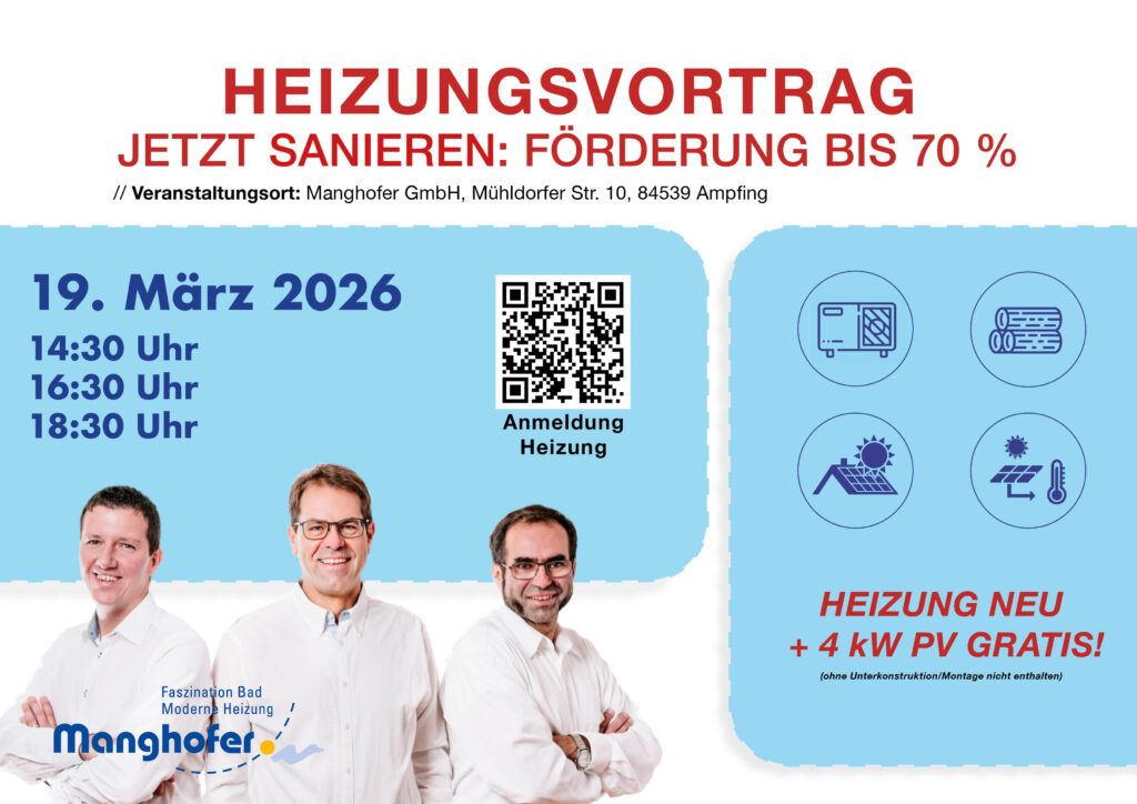Werbeflyer für ein Heizungsseminar am 19. März 2026, mit Zeitangaben und einem QR-Code für die Anmeldung. Zeigt zwei Männer in weißen Hemden, Symbole zum Thema Heizung und ein Sonderangebot für eine kostenlose 4-kW-PV-Anlage.