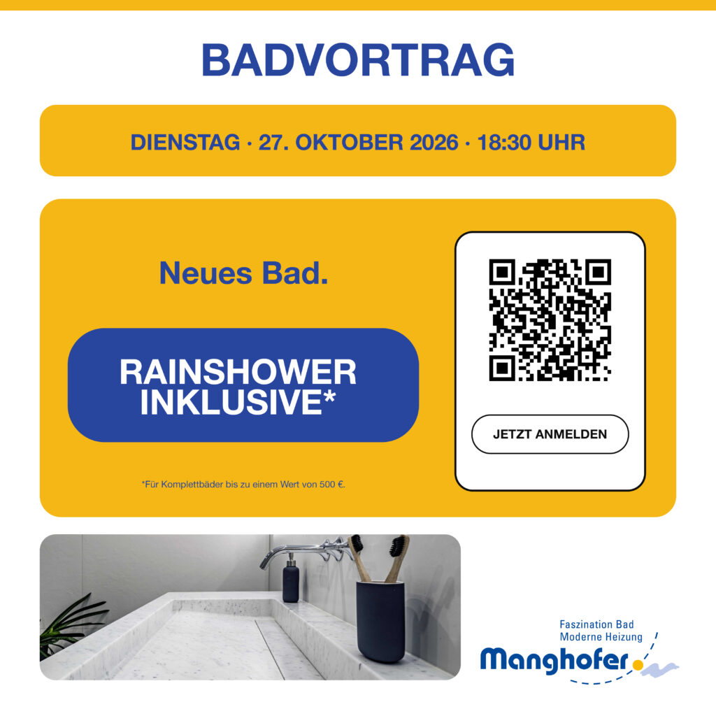 Veranstaltungsflyer für einen Vortrag zum Thema Badezimmergestaltung am 27. Oktober 2026 um 18:30 Uhr mit einem QR-Code zur Anmeldung und dem Firmenlogo von Manghofer.