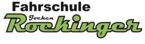 Logo der deutschen Fahrschule mit „Fahrschule Jochen Rockinger“ in fettem Schwarz und stilisiertem grünen Schriftzug.