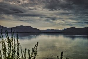 Ein ruhiger See spiegelt den wolkigen Himmel wider, umgeben von hohen, dunklen Bergen. Pflanzensilhouetten im Vordergrund rahmen die Szene ein, während die Berge in der Ferne im nebligen Horizont versinken.