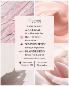 Pastellrosa Grafik mit einer zentralen Box, die Schönheitsleistungen wie Aqua Facial, Hautpflege, Wimpernlifting und Brauenlifting bewirbt; umgeben von Nahaufnahmen von cremigen und blumigen Texturen in Rosatönen.