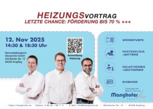 Informationsflyer für ein Heizungsseminar der Manghofer GmbH am 12. November 2025, auf dem drei Männer in weißen Hemden zu sehen sind. Themen: Wärmepumpen, Solarstrom, Photovoltaik und Biomasse. Mit QR-Codes und Kontaktinformationen.